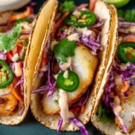 Delicious cod fish tacos served with fresh toppings and lime wedges.