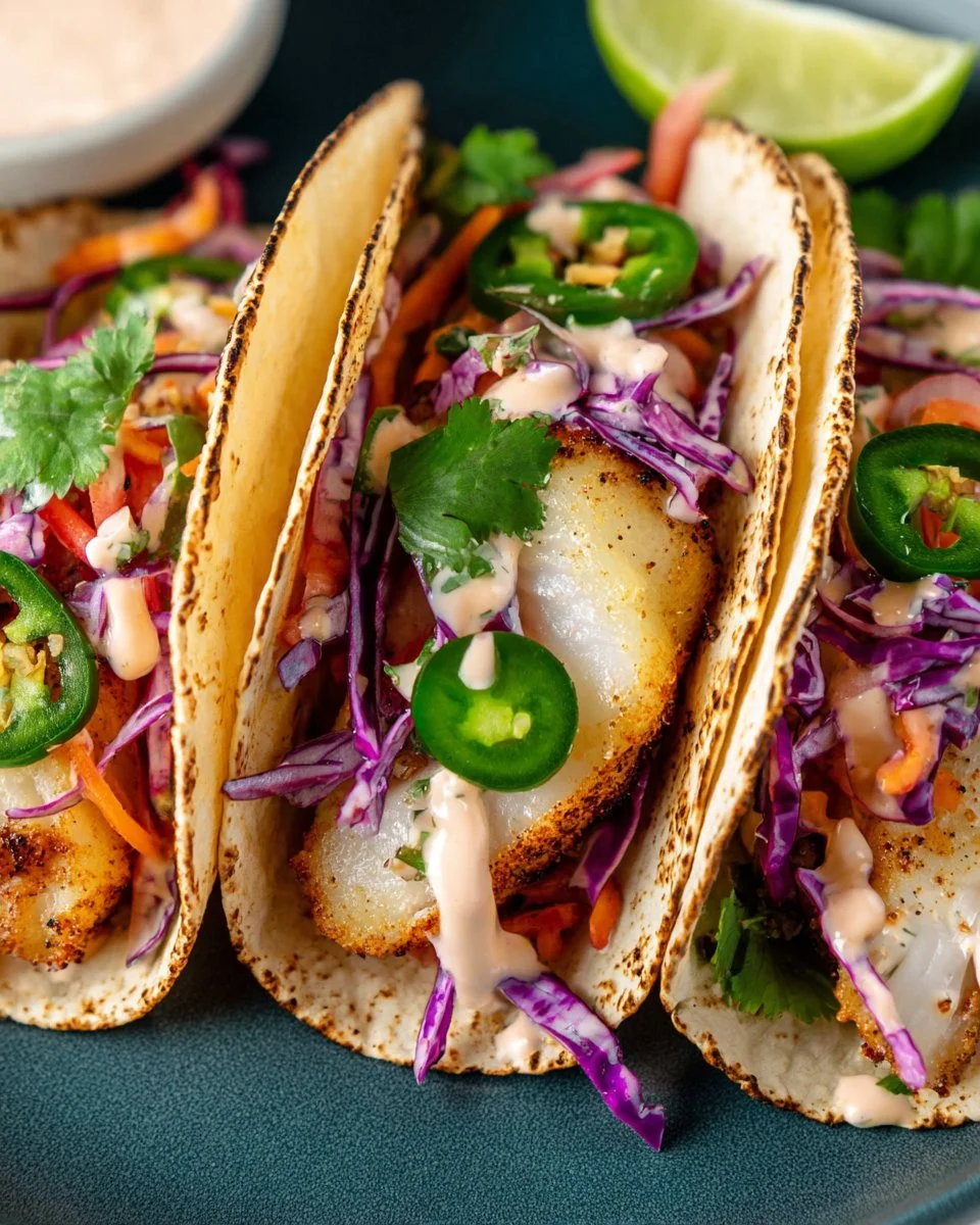 Delicious cod fish tacos served with fresh toppings and lime wedges.