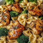 Delicious Cowboy Butter Lemon Bowtie Chicken served with broccoli on a plate.
