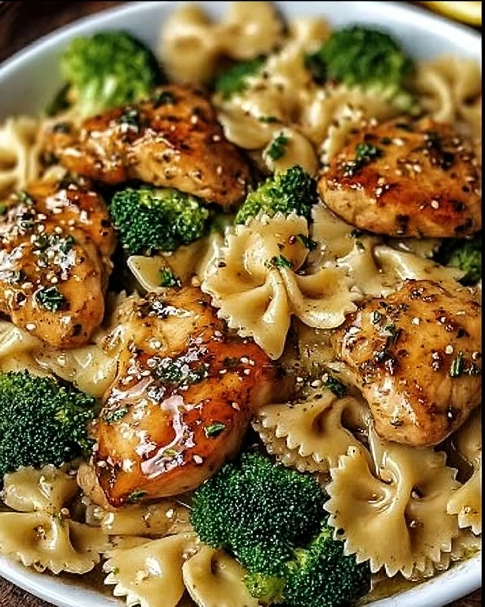 Delicious Cowboy Butter Lemon Bowtie Chicken served with broccoli on a plate.