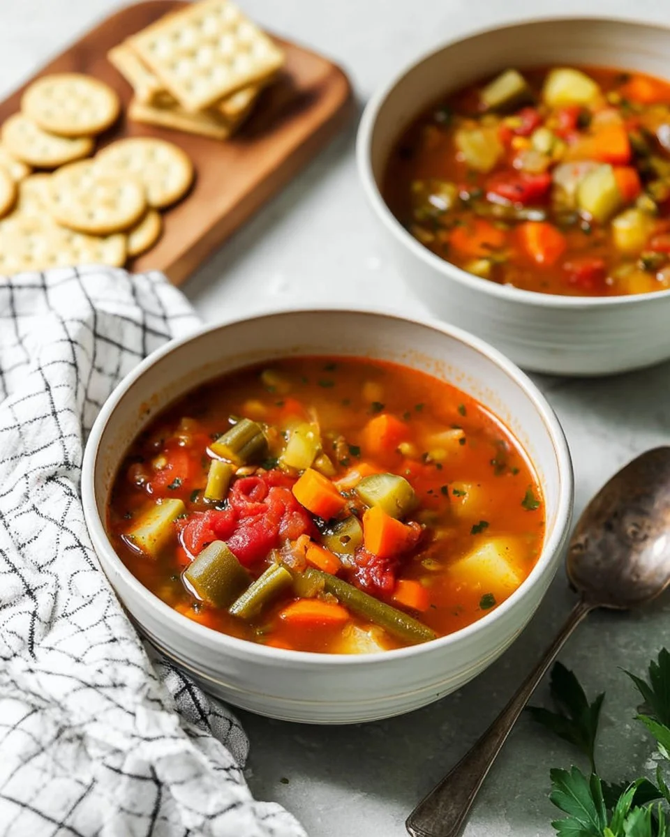 Bowl of cozy vegetable soup rich with fresh vegetables and herbs