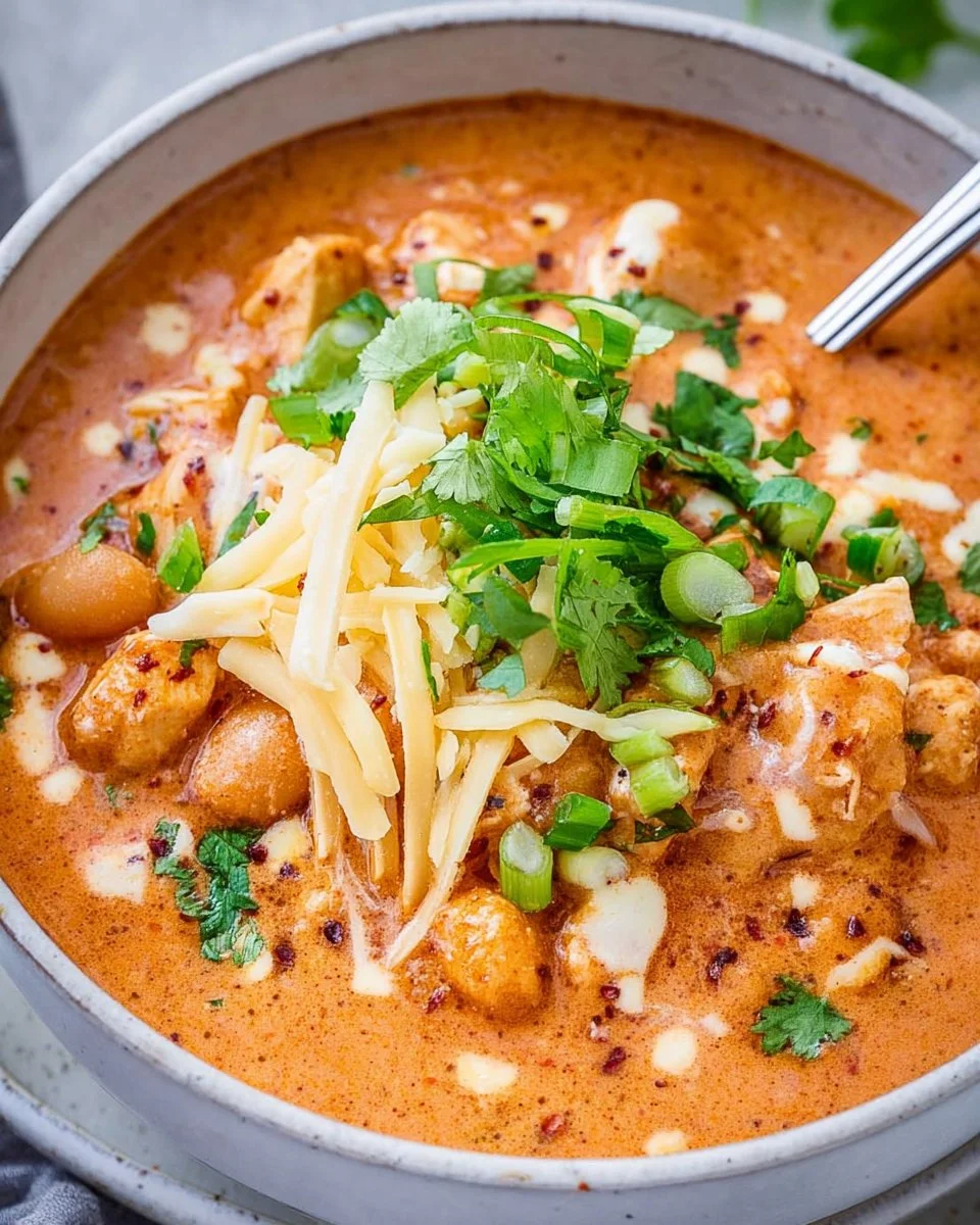 Bowl of creamy Crack Chicken Chili topped with green onions and cheese
