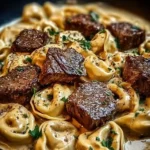 Cracked garlic steak tortellini served in creamy sauce on a plate