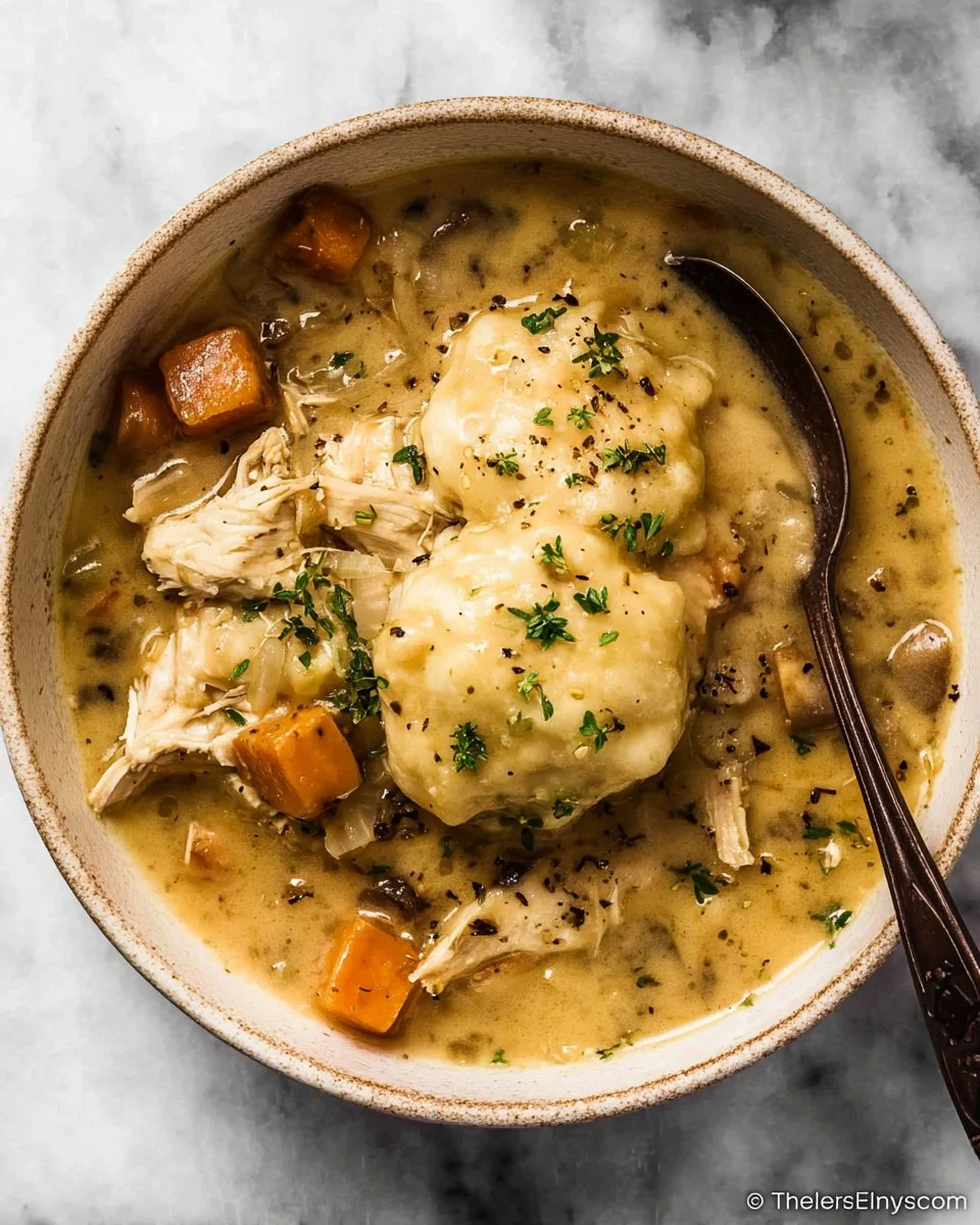 Bowl of creamy chicken stew with dumplings garnished with parsley