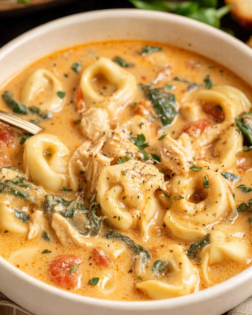 Bowl of creamy Chicken Tortellini Soup garnished with herbs and vegetables.
