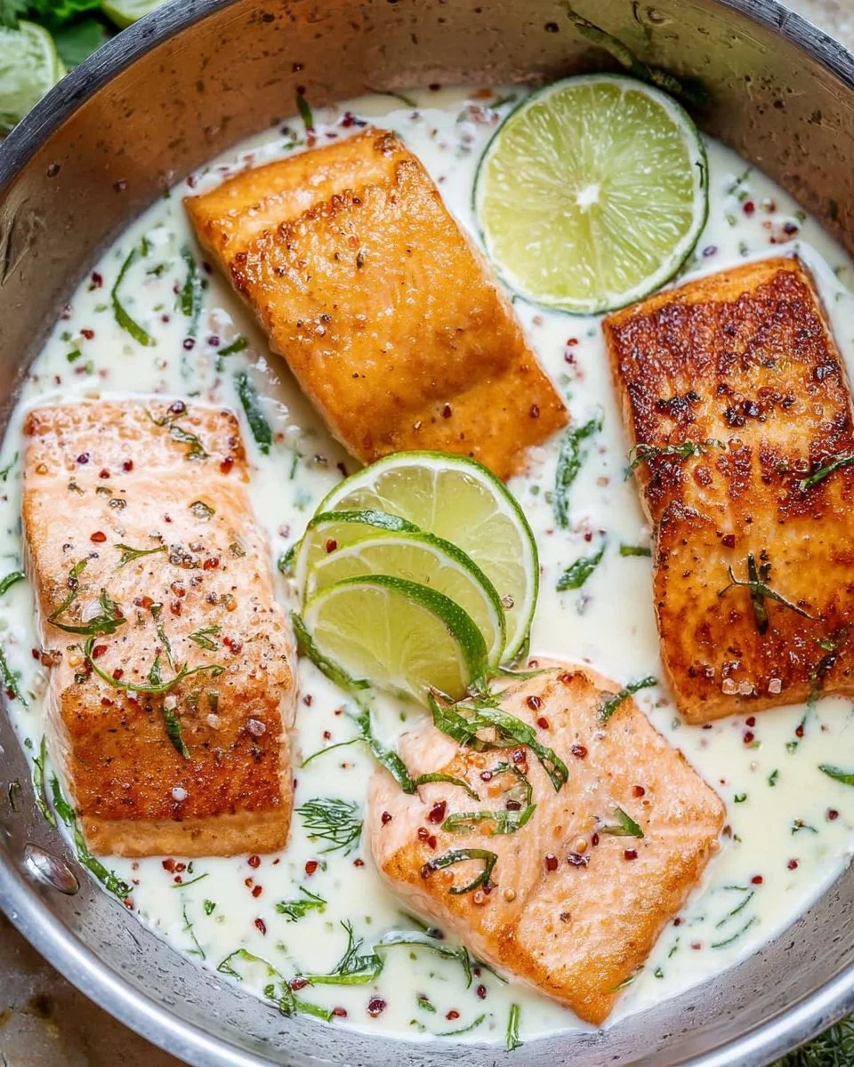 Creamy coconut lime salmon dish garnished with lime slices and coconut flakes