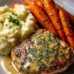 Creamy herb chicken served with mashed potatoes and glazed carrots