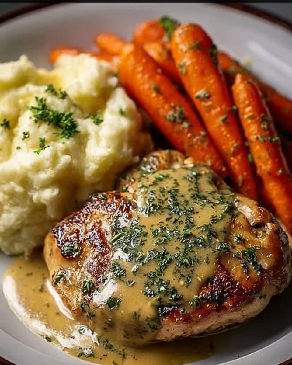 Creamy herb chicken served with mashed potatoes and glazed carrots