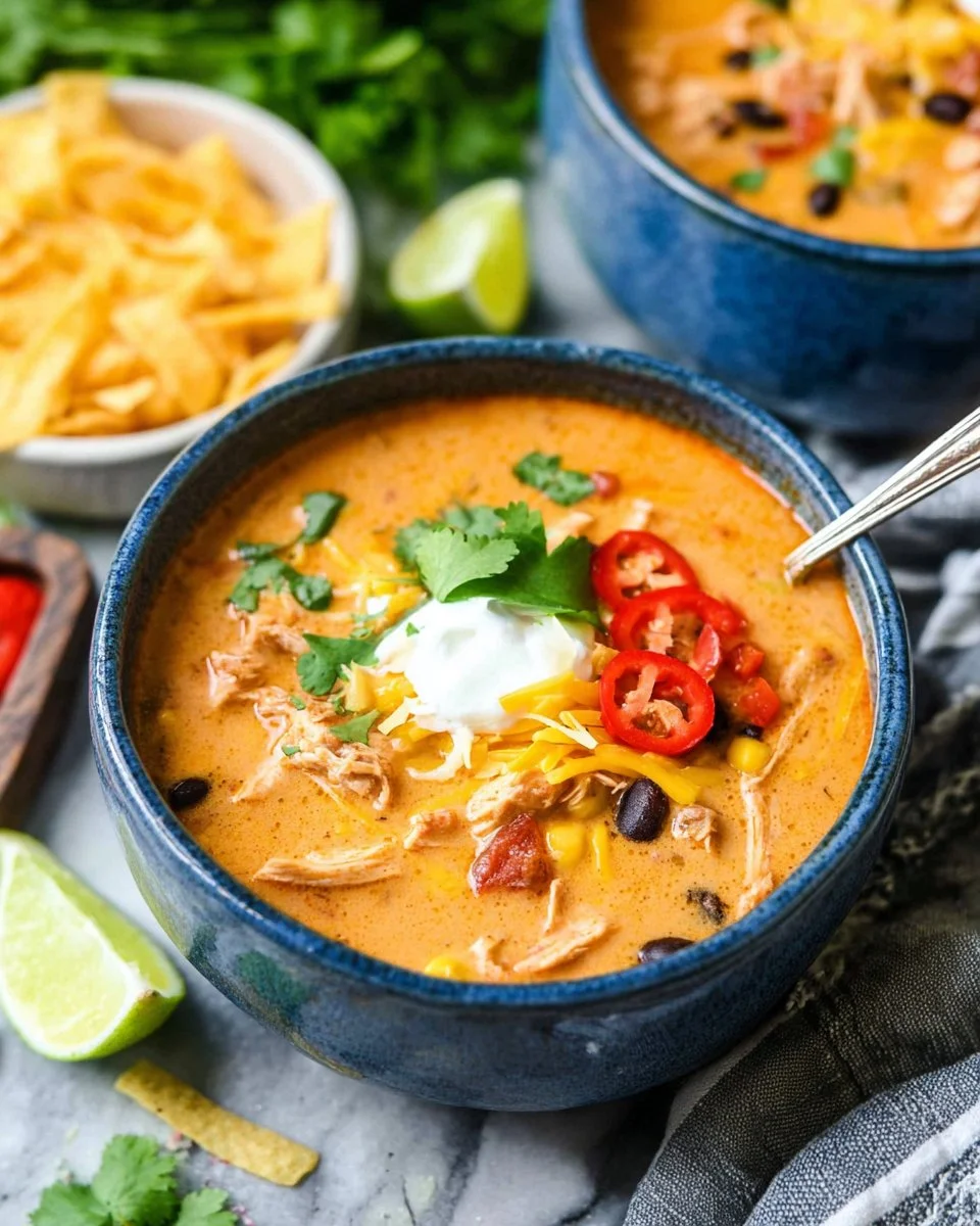 Bowl of creamy Southwest Chicken Soup garnished with herbs and spices