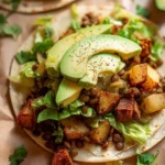 Delicious crispy potato tacos topped with smoky chipotle lentils.