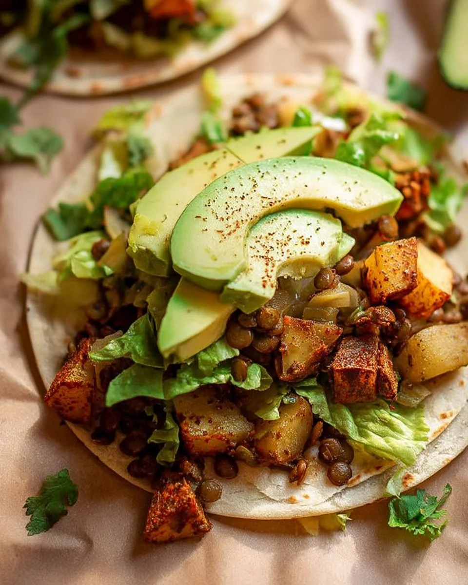Delicious crispy potato tacos topped with smoky chipotle lentils.