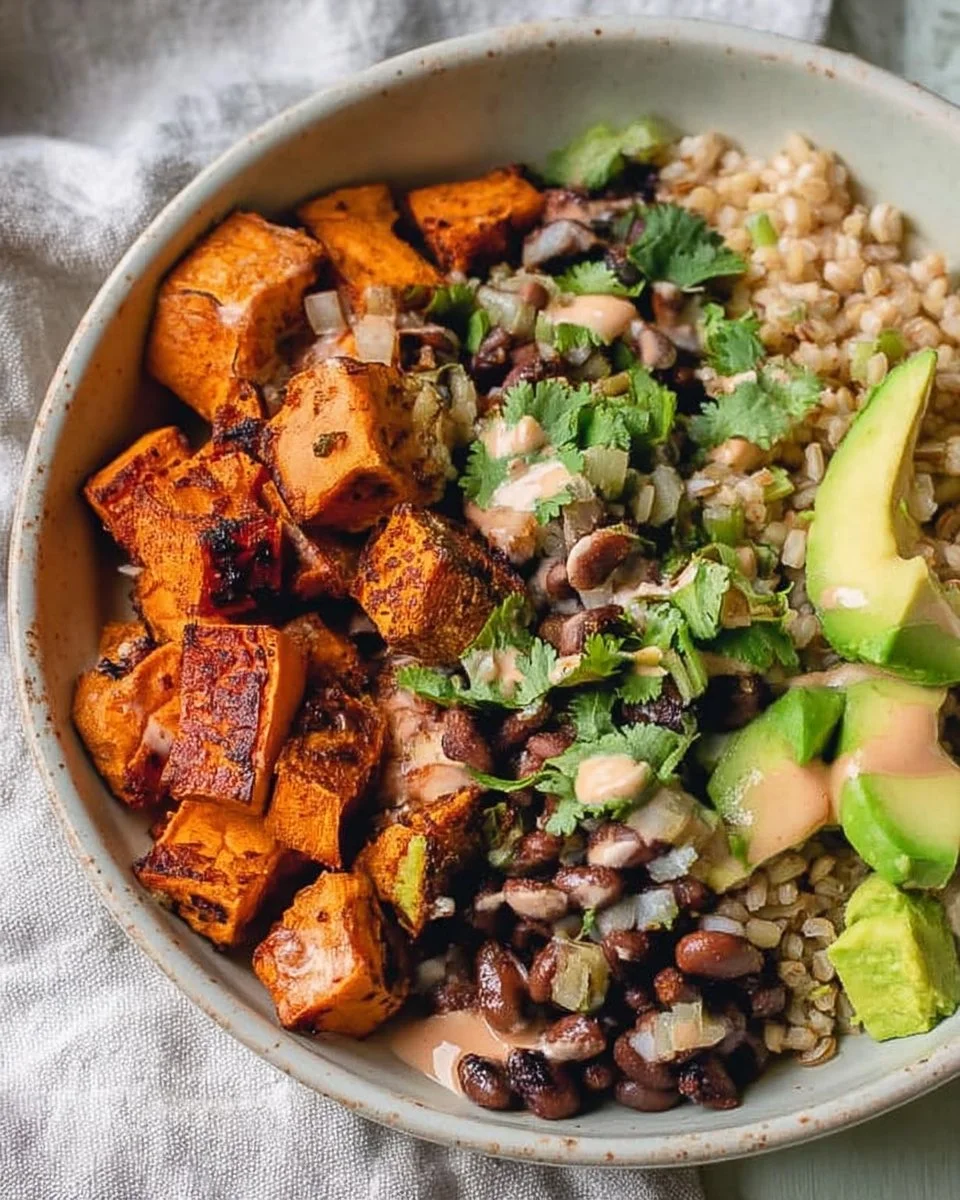 Crispy roasted sweet potato black bean bowl topped with fresh ingredients
