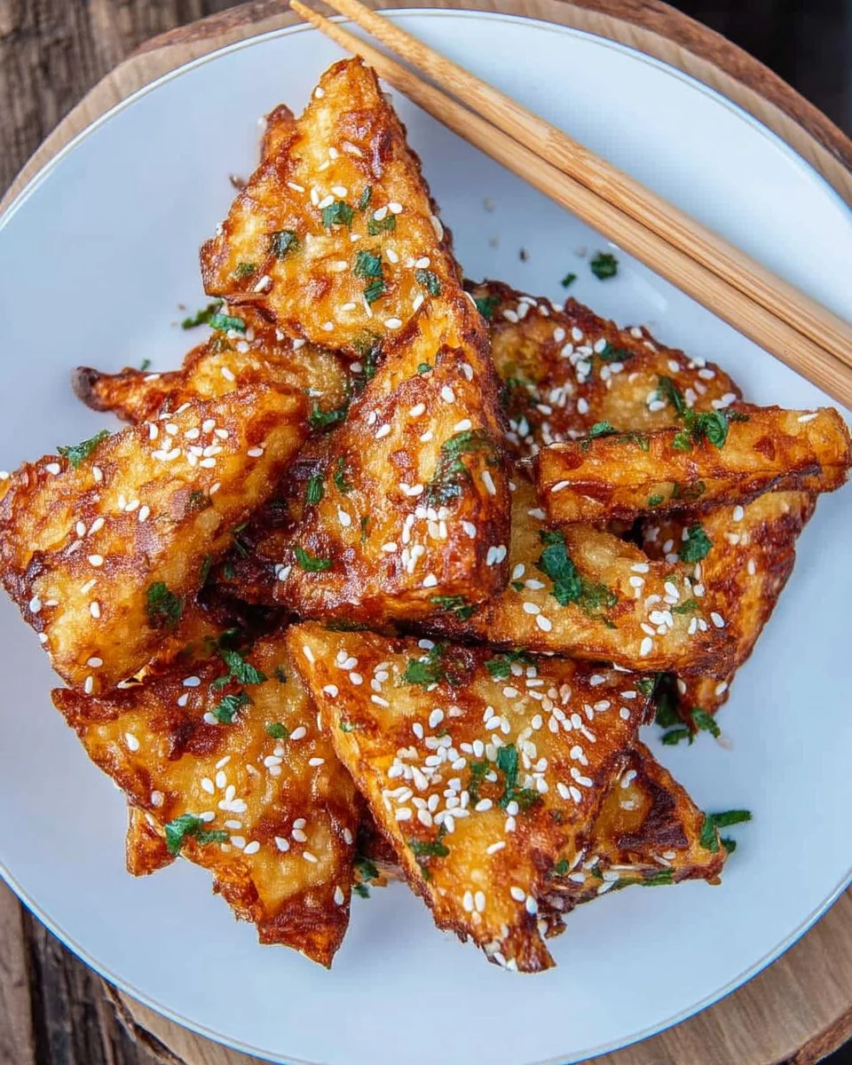 Plate of crispy sticky tofu served with vegetables and sauce.