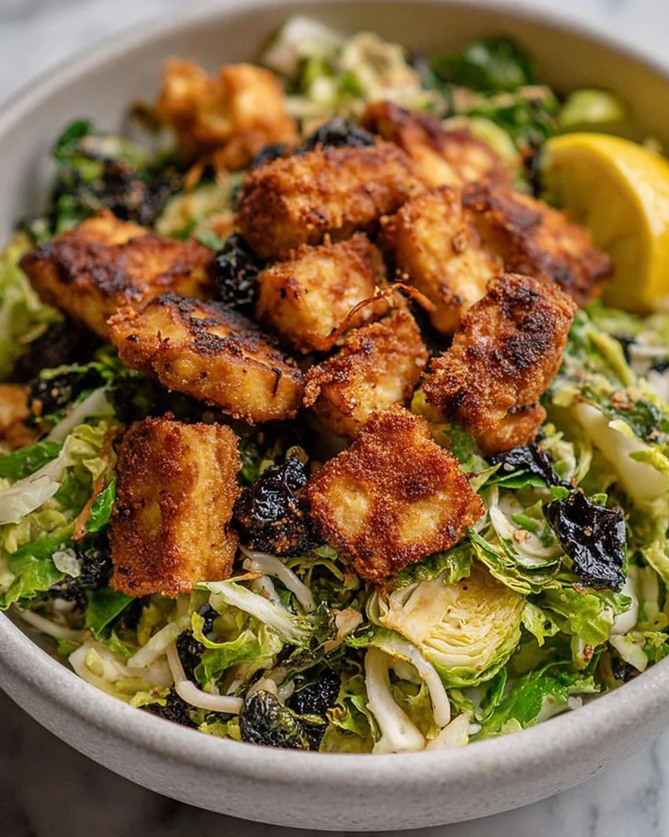 Crispy tofu and roasted Brussels sprout salad served in a bowl