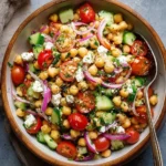 Colorful and fresh chickpea salad with vegetables and herbs in a bowl