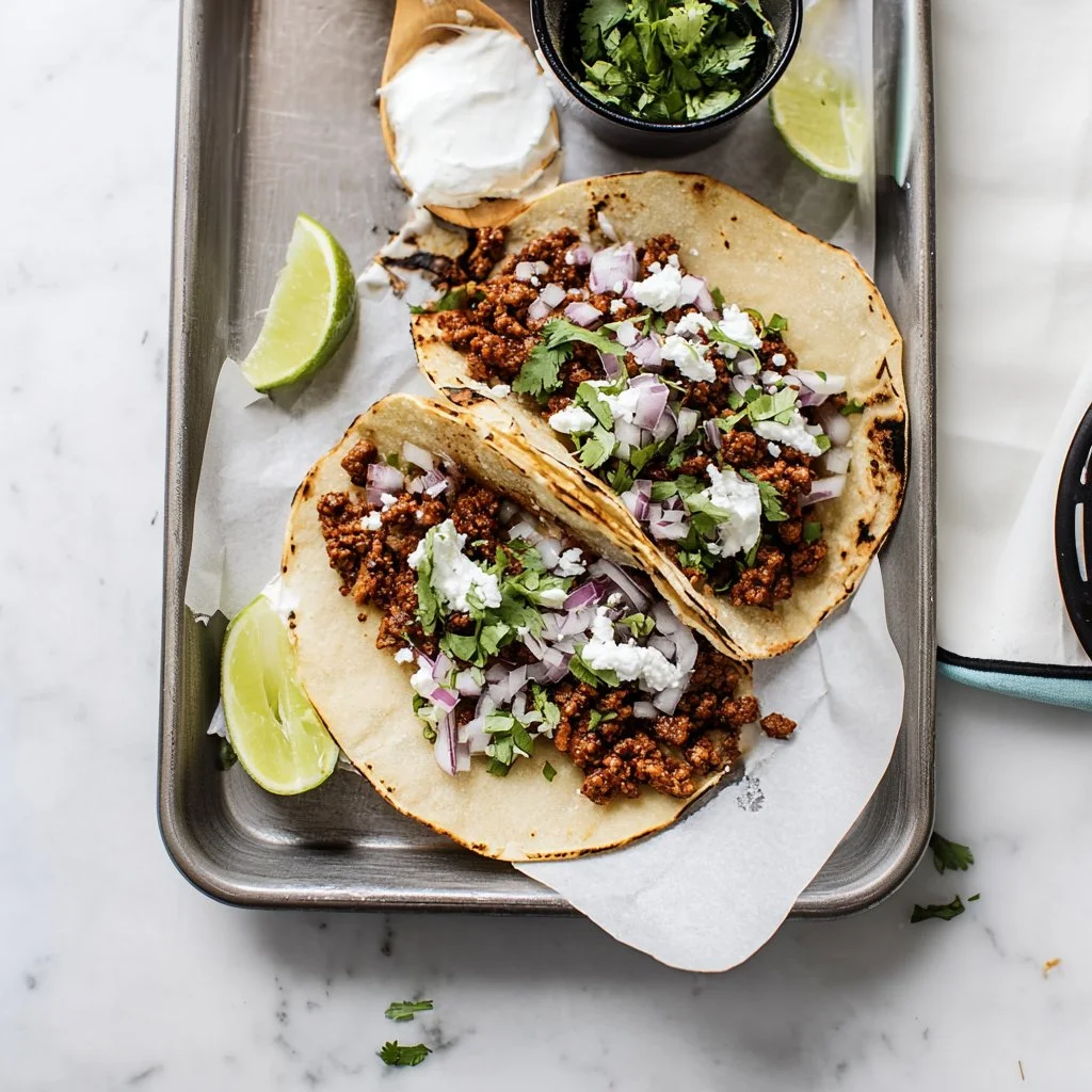 Plate of delicious chorizo tacos topped with fresh ingredients