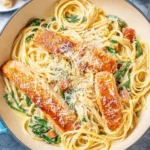 Delicious salmon alfredo pasta with creamy sauce and garnished with herbs