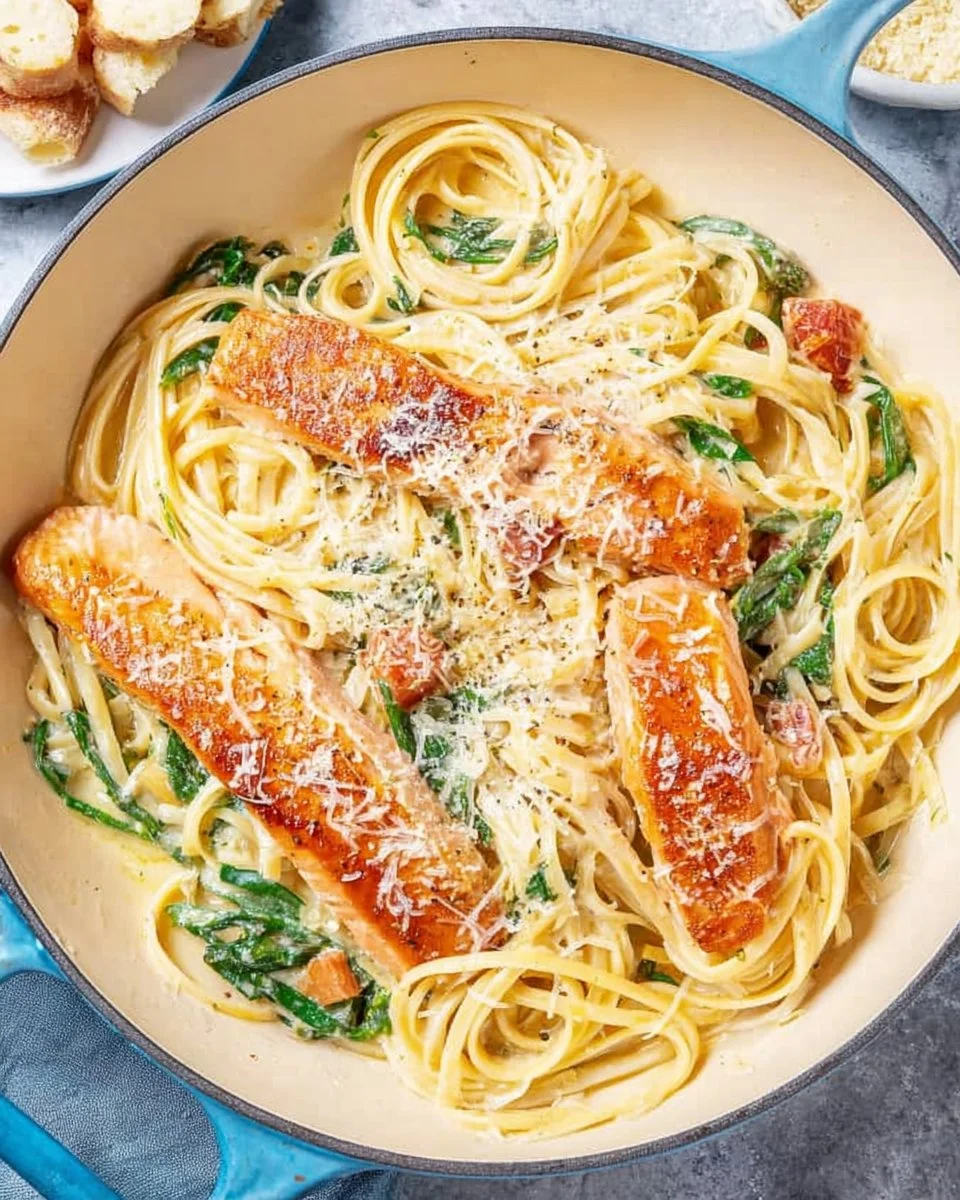 Delicious salmon alfredo pasta with creamy sauce and garnished with herbs