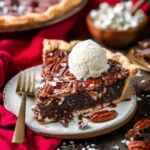 Delicious slice of Chocolate Pecan Pie served on a plate