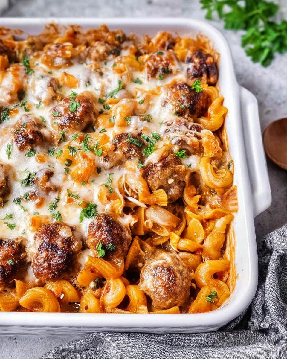 Delicious Dump and Bake Meatball Casserole ready to serve.