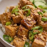 Plate of easy baked peanut tofu garnished with vegetables