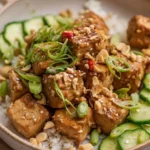 Delicious easy baked peanut tofu served with vegetables