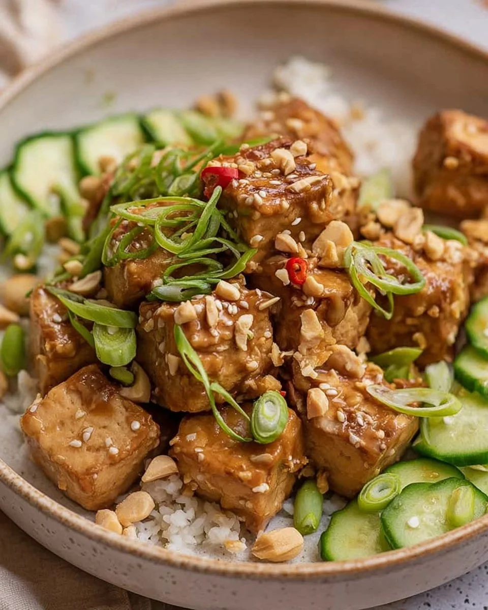 Delicious easy baked peanut tofu served with vegetables