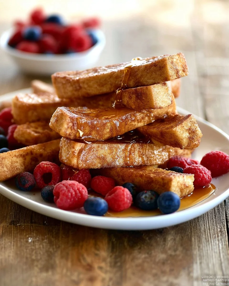 Plate of easy cinnamon French toast sticks with syrup and fresh berries