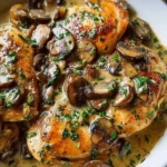 Plate of easy creamy chicken marsala with mushrooms and herbs
