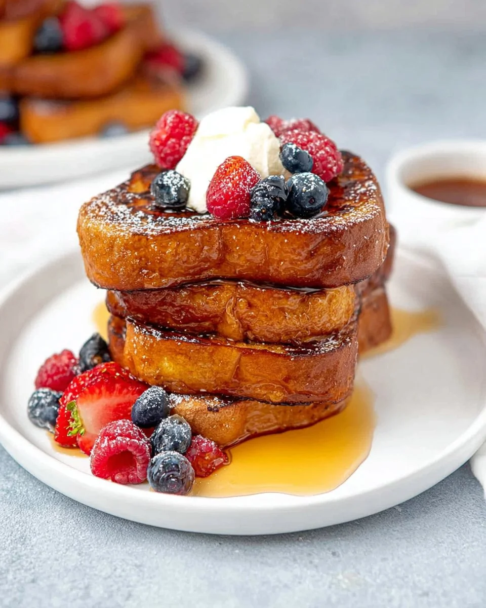 Deliciously cooked easy French toast served on a plate with syrup and berries.