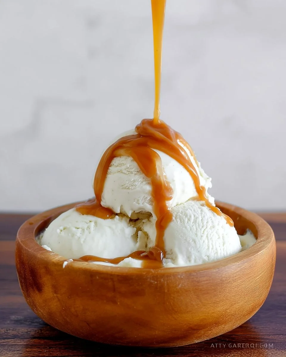 Homemade butterscotch sauce drizzled over desserts