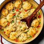 Bowl of easy homemade chicken and dumplings recipe with herbs and vegetables