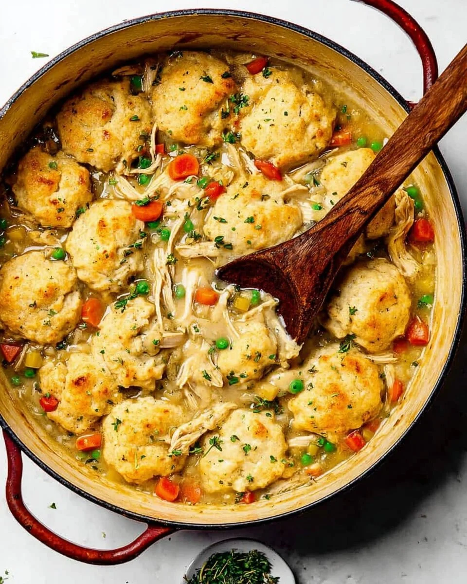 Bowl of easy homemade chicken and dumplings recipe with herbs and vegetables