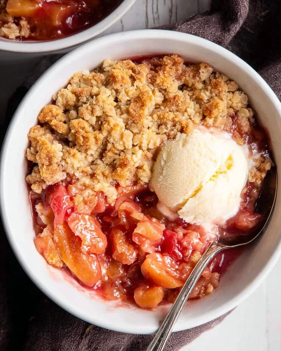Delicious bowl of easy rhubarb crisp topped with ice cream and fresh mint
