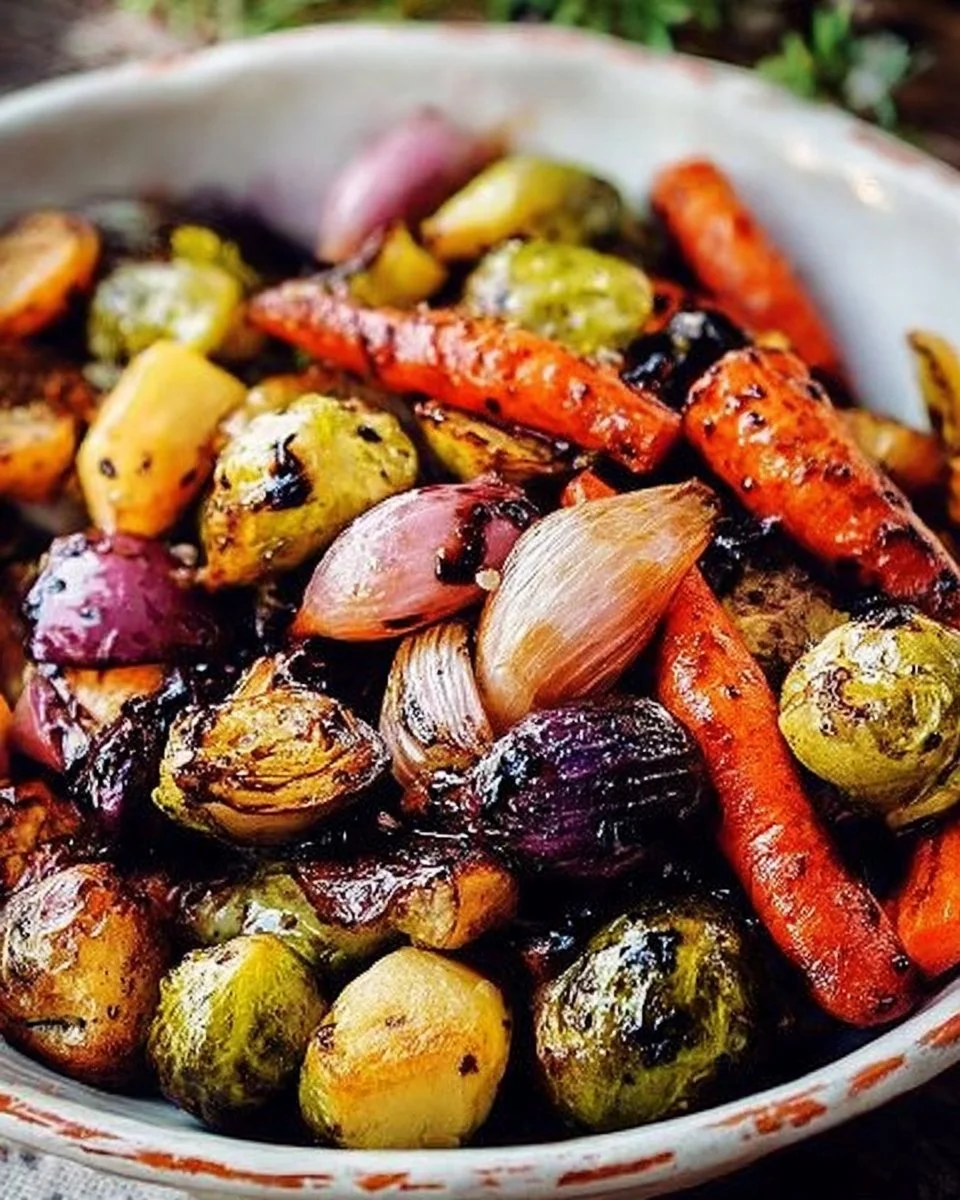 Delicious easy roasted vegetables with honey and balsamic syrup in a serving dish
