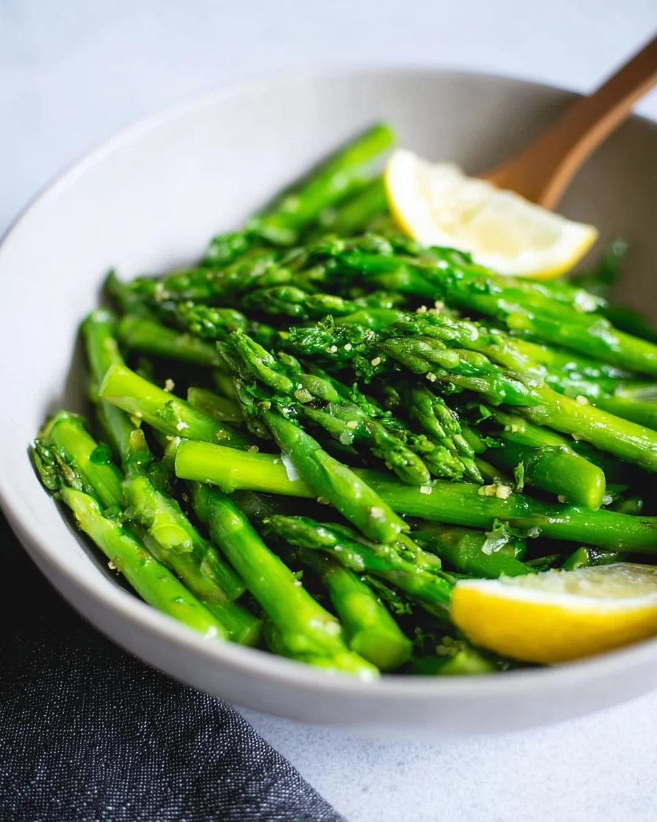 Freshly steamed asparagus on a plate, garnished and ready to serve.