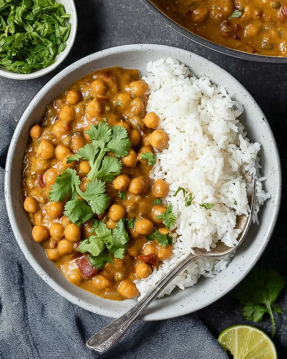 Delicious easy vegan chickpea curry served in a bowl with rice and herbs