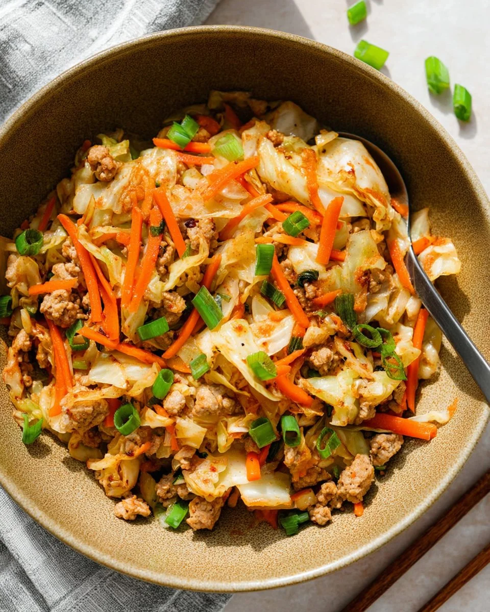 A delicious bowl of Egg Roll In A Bowl with colorful vegetables and savory sauce.