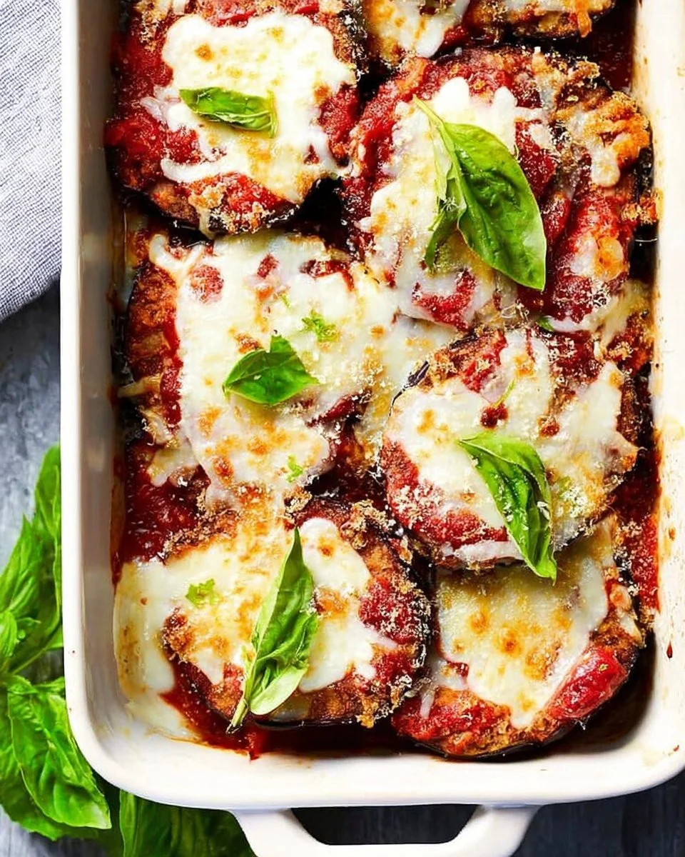 Delicious Eggplant Parmesan with layers of eggplant, marinara sauce, and cheese