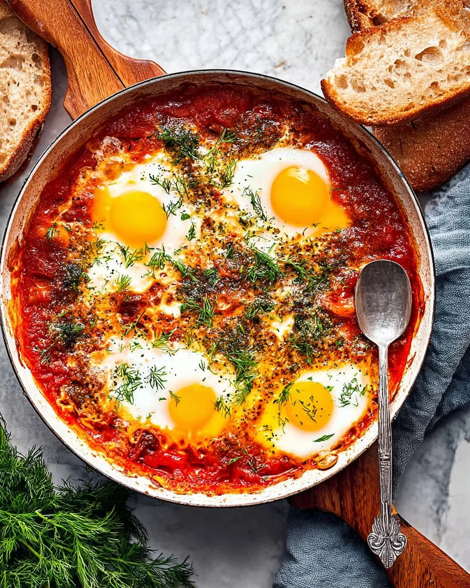 Delicious Eggs in Purgatory served in a spicy tomato sauce with poached eggs