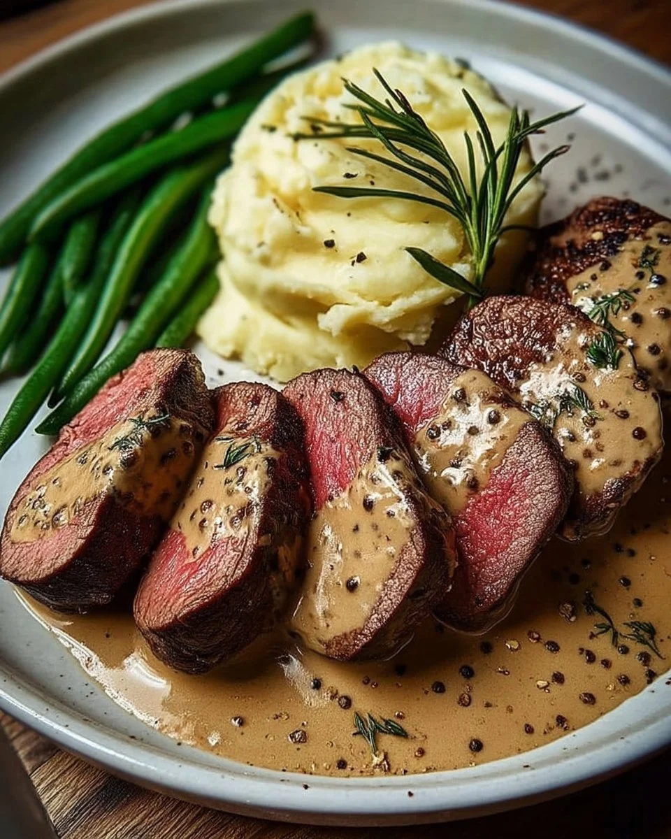 Elegant filet mignon steak with creamy peppercorn sauce and herbs