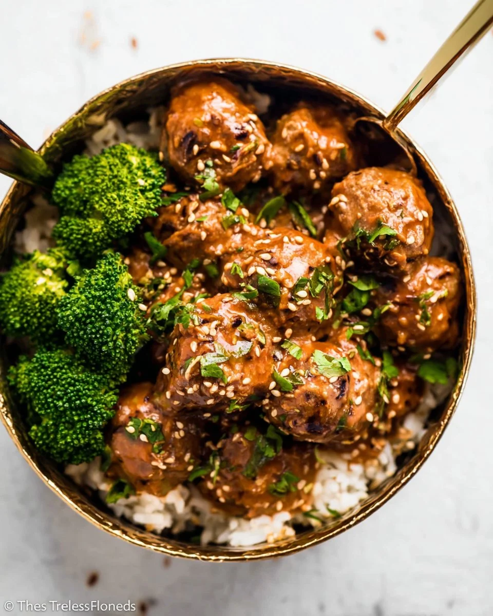 Plate of spicy Firecracker Meatballs garnished with herbs.