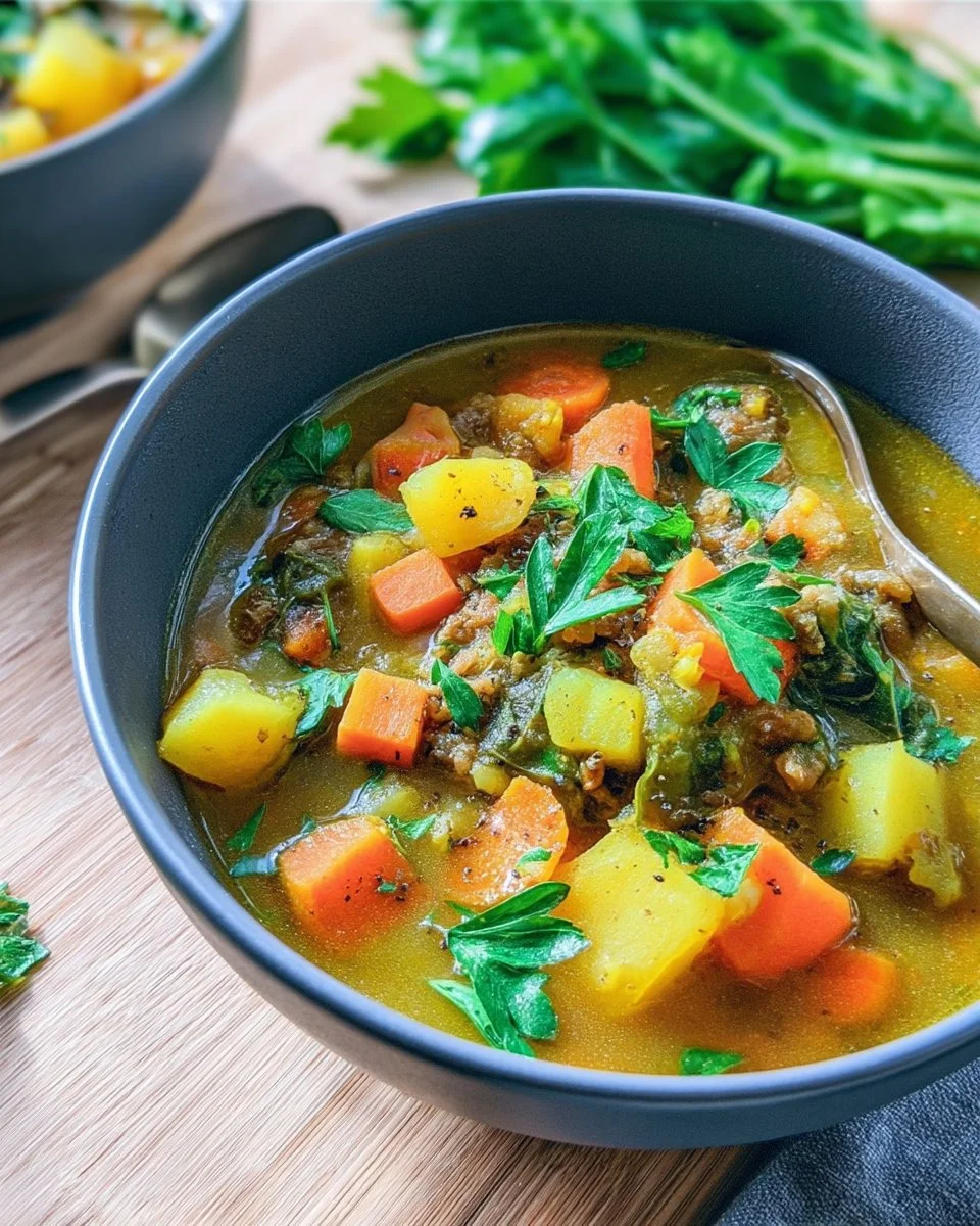 A bowl of Foundational Stew filled with vegetables and proteins.