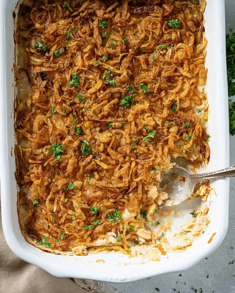 Delicious French Onion Chicken Casserole topped with melted cheese and caramelized onions