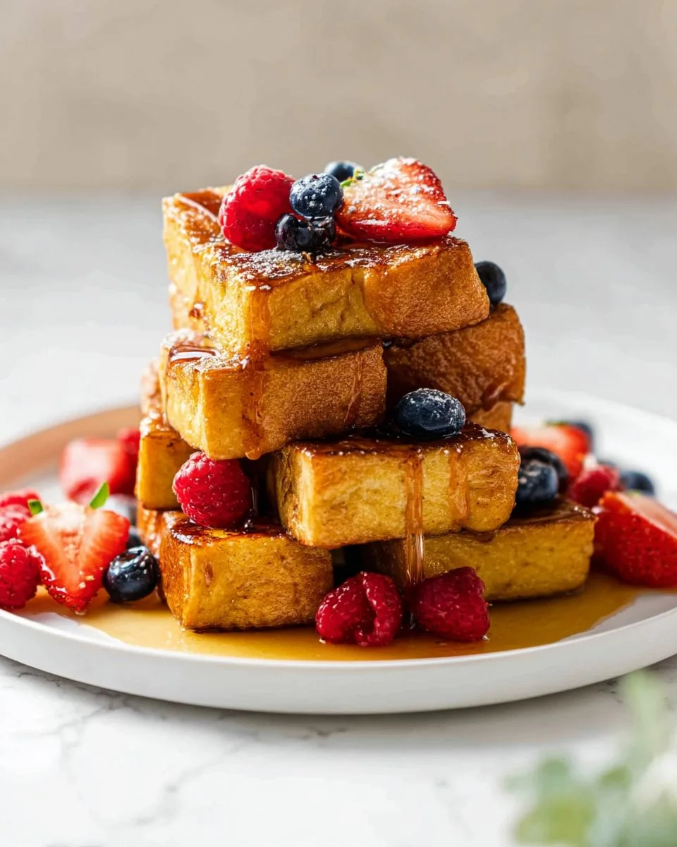 Delicious plate of homemade French Toast Sticks served with syrup.