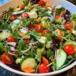 Fresh spring mix salad with colorful vegetables and dressing