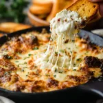 Delicious garlic bread dip served in a bowl with breadsticks on the side