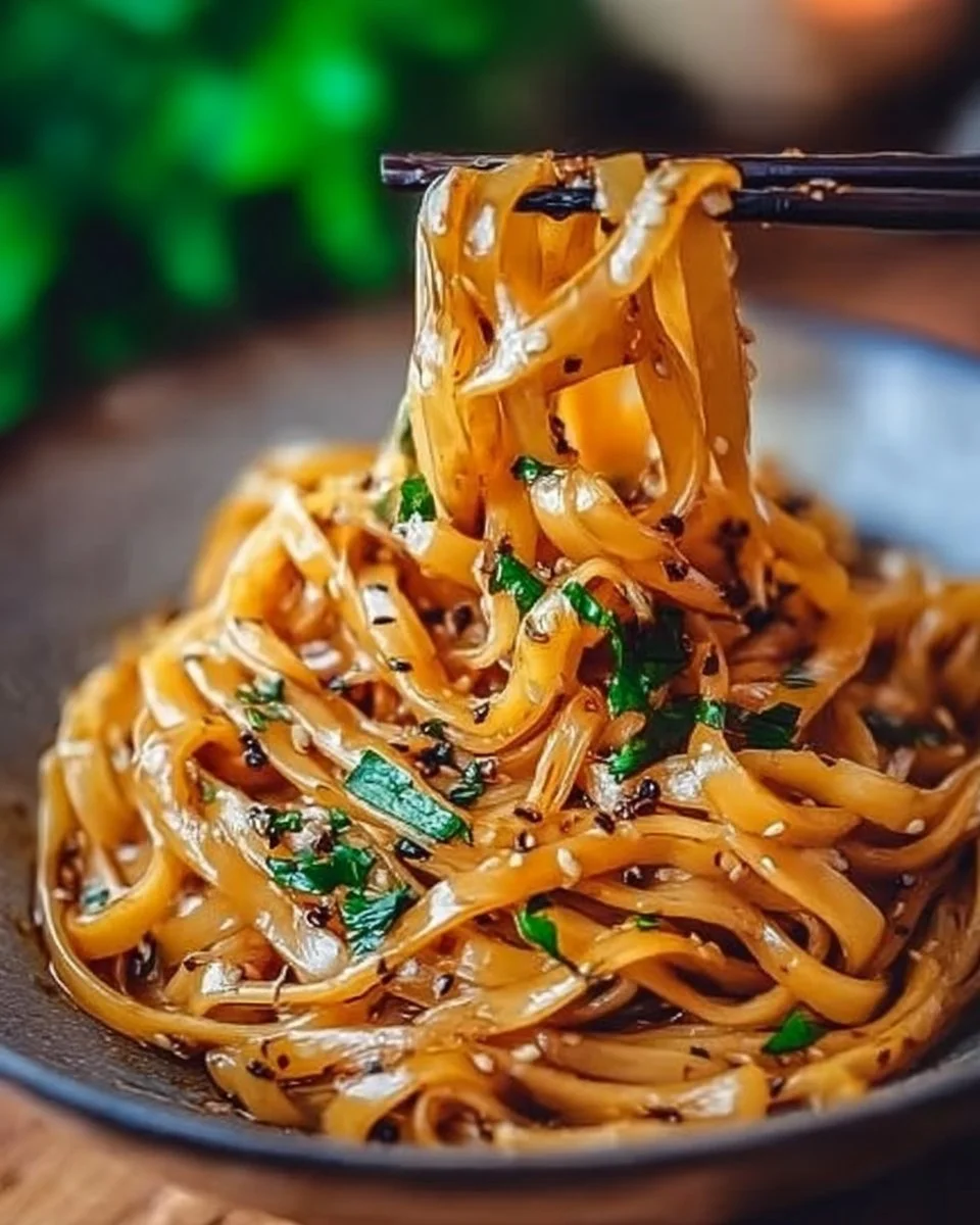 Delicious Garlic Chili Oil Noodles served with fresh herbs and garnishes