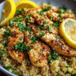 Delicious Garlic Lemon Chicken served over quinoa, garnished with fresh herbs.