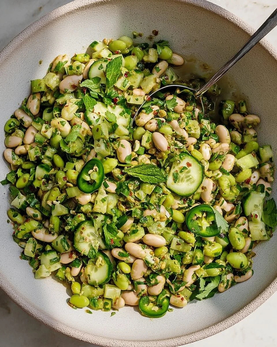 Ginger Shallot Chopped Bean Salad with colorful beans and fresh herbs